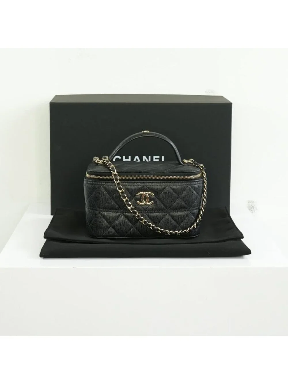 Chanel Black Slim Vanity Top Handle Bag Full Set